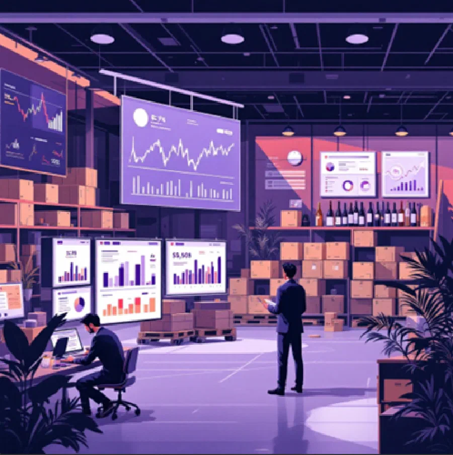 Board reporting dashboards on screens in a meeting room